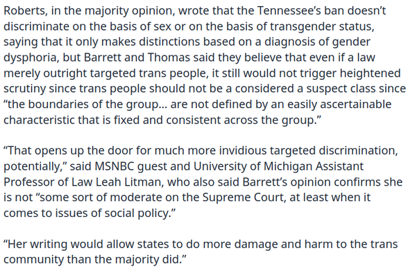 Amy Coney Barrett says Court could take anti-trans ruling even farther in grim concurring opinion
https://www.lgbtqnation.com/2025/06/amy-coney-barrett-says-court-could-take-anti-trans-ruling-even-farther-in-grim-concurring-opinion

Barrett feels anti-trans discrimination in all forms should be perfectly legal. 

https://persagen.org/docs/Amy_Coney_Barrett.html

🇺🇲 🇬🇧 🇨🇦 #Trump #Christofascism #antiLGBTQ #transgenocide
🇨🇦 #Poilievre #DanielleSmith #ScottMoe #Trumpism

🏳️⚧️ #TransLivesMatter #BlackTransLivesMatter #TransRights
https://mastodon.social/@persagen/114186381298087870
