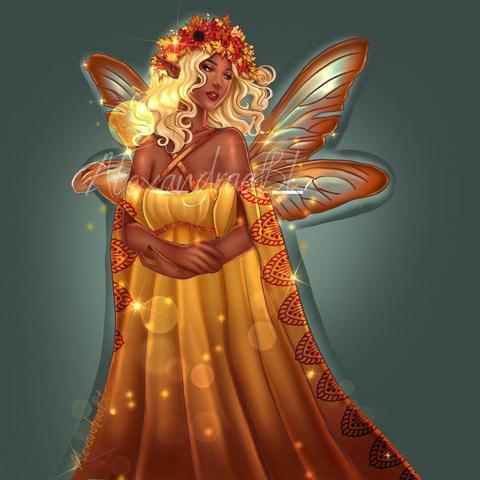 Radiant fairy with golden butterfly wings, wrapped in an elegant flowing yellow gown adorned with autumn themed patterns. Her golden curls glow softly and a crown of vibrant fall leaves and flowers rests atop her head giving her a gentle, earthy aura. She stands gracefully exuding calm and quiet confidence like a spirit of the harvest season full of warmth, light and quiet magic. The soft sparkles around her add a dreamy, enchanted touch, making her feel like she stepped right out of a fairytale.