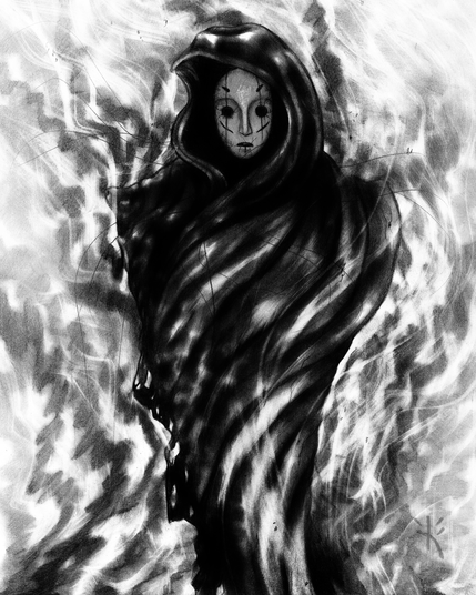 Black & white surreal pencil and charcoal drawing of a masked spirit.