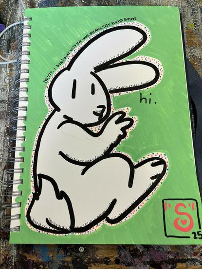 an illustration of a white rabbit sitting on it's fluffy-tailed butt facing away from the viewer and looking back at the viewer. it's holding up a peace symbol (2 fingers) and saying hi. all on a pastel green background signed by the artist with a big S and a heart