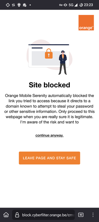 "Site blocked" pagina van Orange Mobile Serenity die opduikt wanneer ik de qr code scan om mijn bonnetjes te zien