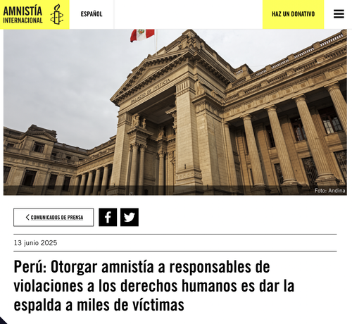 Foto de pantalla del comunicado de prensa "Perú: Otorgar amnistía a responsables de violaciones a los derechos humanos es dar la espalda a miles de víctimas" en amnesty.org