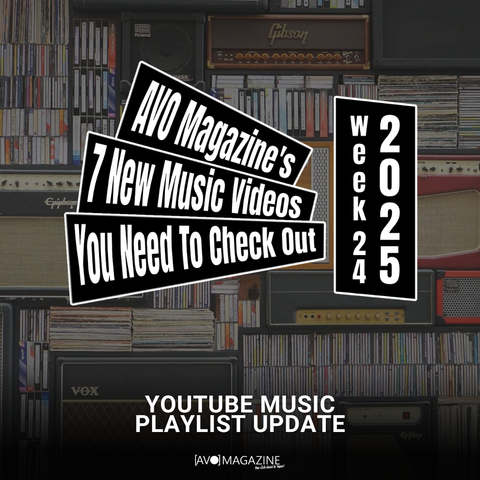 The background of this image showcases an artfully arranged wall-mounted collection, predominantly featuring an assortment of speakers, amplifiers, and old television sets. The collection spans across both vintage and contemporary audio equipment, from classic designs to modern, colourful options. On top of it is the "7 New Music Videos You Need To Check Out" logo with Week 24 2025, the AVO Magazine logo and text promoting the article: "YouTube Music Playlist Update"