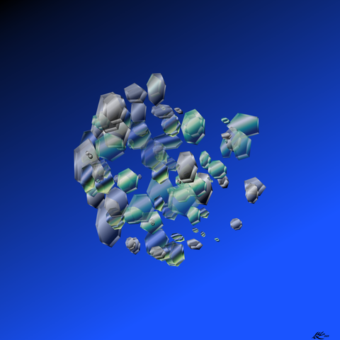 A roughly spherical arrangement of glassy segments -- hexagons mostly, but some with different numbers of sides -- over a deep blue slanted gradient background. There are more pieces towards the left and slightly more towards the bottom. The glass sphere was moving from the right downwards right before it broke apart.