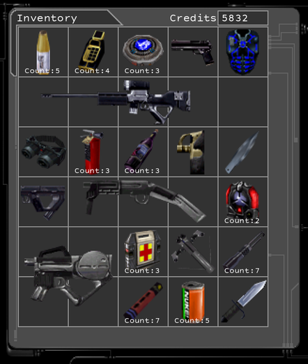An inventory screen containing:
Bioelectric Cell (Count: 3)
Fire Extinguisher (Count: 3)
Sawed-off Shotgun
Stealth Pistol
PS20
Wine (Count: 3)
Tech Goggles
Combat Knife
Throwing Knives
Pistol
Soda (Count: 5)
Thermoptic Camo
Medkit (Count: 3)
Flare (Count: 7)
Multitool (Count: 4)
Assault Rifle
Lightweight Attack Munitions (LAM) (Count: 2)
Forty (Count: 5)
Lockpick (Count: 7)
Sniper Rifle
Mini-Crossbow
