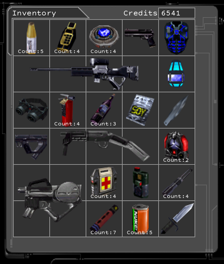 An inventory screen containing:
Soy Food
Gas Grenade
Augmentation Upgrade Canister
Bioelectric Cell (Count: 4)
Fire Extinguisher (Count: 4)
Sawed-off Shotgun
Stealth Pistol
Wine (Count: 3)
Tech Goggles
Combat Knife
Throwing Knives
Pistol
Soda (Count: 5)
Thermoptic Camo
Medkit (Count: 4)
Flare (Count: 7)
Multitool (Count: 4)
Assault Rifle
Lightweight Attack Munitions (LAM) (Count: 2)
Forty (Count: 5)
Lockpick (Count: 4)
Sniper Rifle
