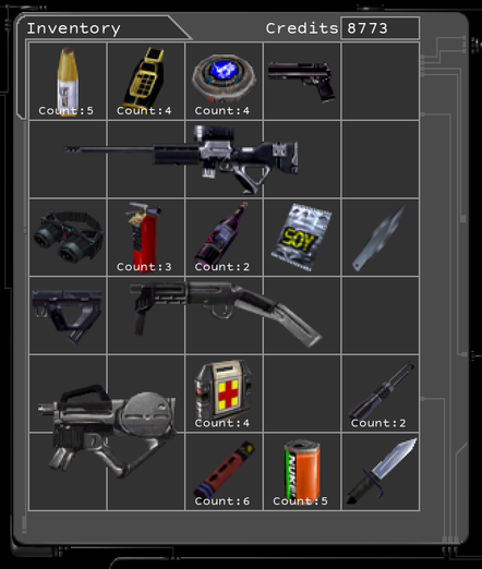An inventory screen containing:
Soy Food
Bioelectric Cell (Count: 4)
Fire Extinguisher (Count: 3)
Sawed-off Shotgun
Stealth Pistol
Wine (Count: 2)
Tech Goggles
Combat Knife
Throwing Knives
Pistol
Soda (Count: 5)
Medkit (Count: 4)
Flare (Count: 6)
Multitool (Count: 4)
Assault Rifle
Forty (Count: 5)
Lockpick (Count: 2)
Sniper Rifle
