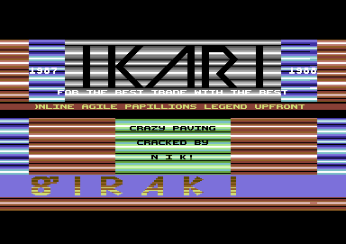 Screenshot of "Crazy Paving" - Crack: Ikari - Trainer: +1 - Published by Top Ten Software on Commodore 64 (1988)