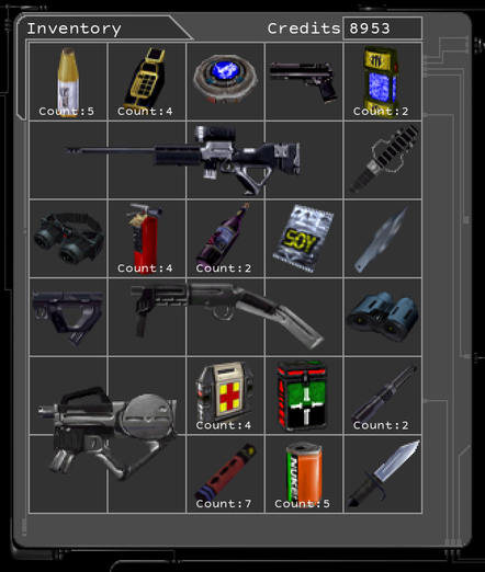 An inventory screen containing:
Weapon Modification (Accuracy)
Binoculars
Stealth Pistol
Riot Prod
Scramble Grenade (Count: 2)
Soy Food
Bioelectric Cell
Fire Extinguisher (Count: 4)
Sawed-off Shotgun
Wine (Count: 2)
Tech Goggles
Combat Knife
Throwing Knives
Pistol
Soda (Count: 5)
Medkit (Count: 4)
Flare (Count: 7)
Multitool (Count: 4)
Assault Rifle
Forty (Count: 5)
Lockpick (Count: 2)
Sniper Rifle
