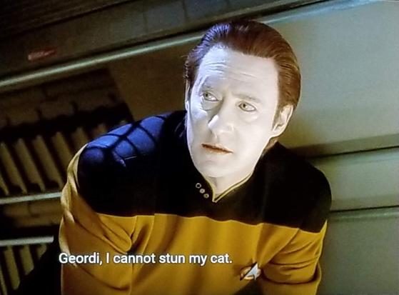 Star Trek The Next Generation scene. We're in a J-Tube. (I abbreviate "Jeffries Tube" to "J-Tube" because it takes less time to type. "J-Tube" is both less characters and sounds hip and "fly".) Anyways, back to the J-Tube, and quick reminder that J-Tube is short for Jeffries Tube, we're looking at Data, who is crawling within the tube. He's stopped and looking over at someone (probably Geordi) and looks a little alarmed. Closed caption reads, "Geordi, I cannot stun my cat."