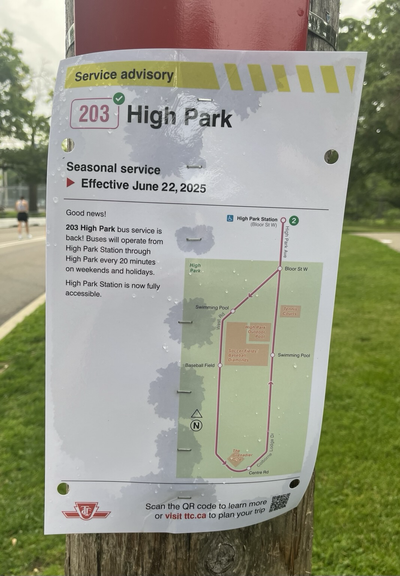 A sign introducing seasonal bus service