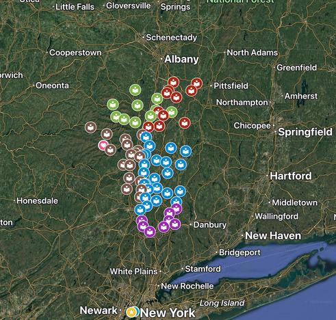 a map showing the 66 libraries of the Mid-Hudson Library System, spread over 5 counties in the Hudson River valley. The five colors show the libraries in each of the five counties. I’ve been trying to find routes that let me visit multiple libraries in one trip. Today I visited 3, but met a man who was visiting seven! 