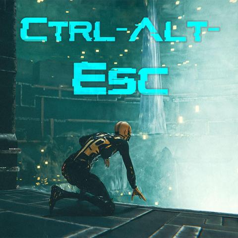 A pale, bald woman in a latex and metal suit kneels down by a waterfall in a metal cavern.  "Ctrl-Alt-Esc" is written on top.