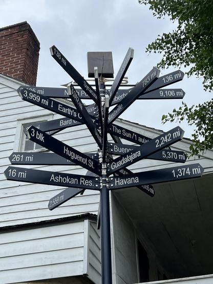 a sign pole with place names on arrows pointing to approximately the location of the places, like North Pole, Ashokan Reservoir, or The Sun. 