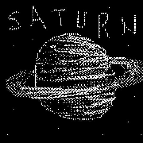 a low res pixelly black and white drawing of saturn. different textures and patterns have been used to capture the cloudy surface of the planet and rocky rings. single white pixels are used to represent single stars in a most effective manner. (if i do say so myself)