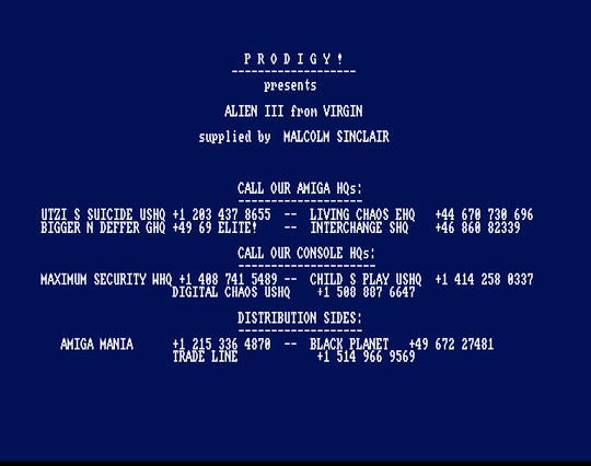 Screenshot of "Alien 3" - Crack: Prodigy (PDY) - Published by Virgin on Commodore Amiga (1992)