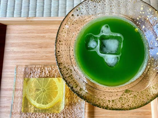 A real slice of lemon is suspended in this jelly, the finished design likened to lace.