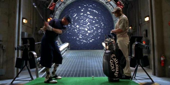 Colonel O’Neill and Teal’c tee off and hit golf balls into the Stargate