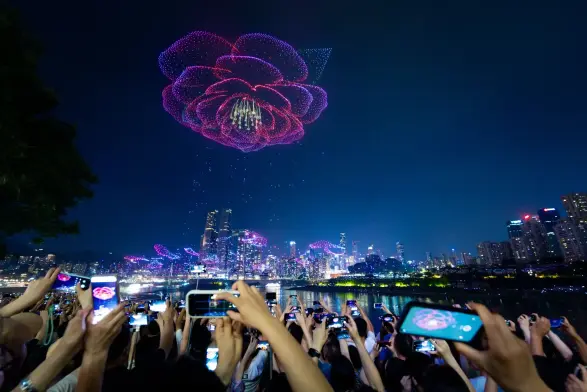 An image of a fluorescent rose complete with stamens is formed in the sky by almost 12,000 drones.