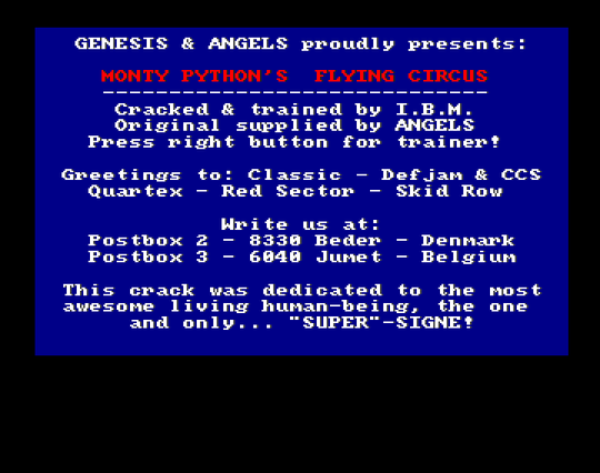 Screenshot of "Monty Python's Flying Circus" - Crack: Genesis & Angels - Published by Virgin on Commodore Amiga (1990)