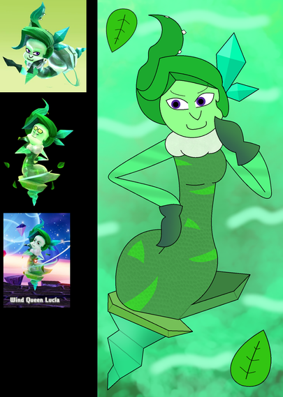 Drawing of the Wind Queen "Traveler" from Miitopia, with its references displayed on the left.