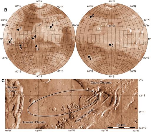 At the top is a map of Mars in 2 hemispheres showing 9 potential landing sites for A Russian Marsokhod (rover), from a 1996 study by Bruce Lusignan of Stanford. One of the sites is shown in detail with a large landing ellipse near Capri Chasma, part of the Valles Marineris rift valley system.