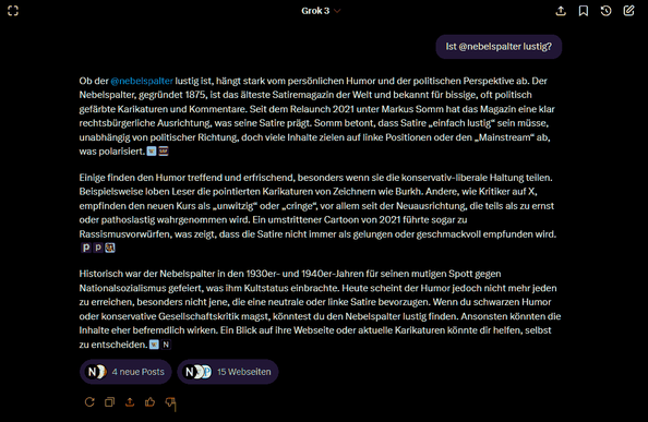 Screenshot mit einer Auskunft von Grok zum Nebelspalter-Account.