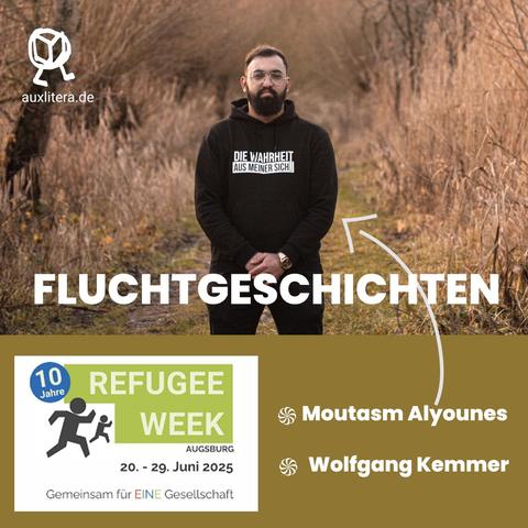 der autor moutasm alyounes steht auf einem waldweg, die hände in hüfthöhe zusammengelegt. er schaut direkt in die kamera und trägt einen schwarzen hoodie mit dem aufdruck "die wahrheit aus meiner sicht"