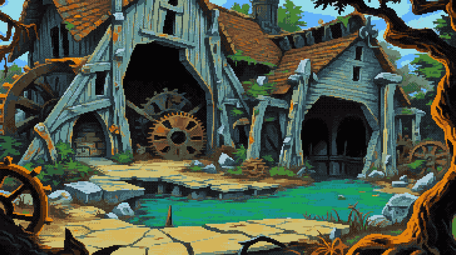Pixel art of a forgotten heartwood, a mill complex exhaling the scent of centuries, its teal-green skin blistered with the sun's slow burn and patched with the raw grain beneath. A turquoise-green pool mirrors the structure’s weary gaze, a liquid looking-glass reflecting a sky muted by memory. Terracotta tiles cascade like fallen leaves from a steeply pitched roof, a silent avalanche of time. Gnarled roots, the grasping fingers of the earth, embrace the timber frame, a relentless choreography of reclamation. Rusted gears, scattered like fallen stars, whisper of a mechanical pulse now stilled, while a water wheel, a skeletal hand reaching for the sky, stands sentinel beside the pool. A path of moss-kissed stones winds toward the ruin, a ribbon of green unraveling through a wilderness of ferns and grasses. A twisted tree trunk, a petrified wave, guards the mill’s base, its exposed roots a tangled web of secrets.  