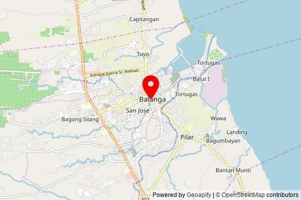 A partially zoomed out map with a pin at the position of Balanga Cathedral, Aguirre Street, Balanga, 2100 Bataan, Philippines