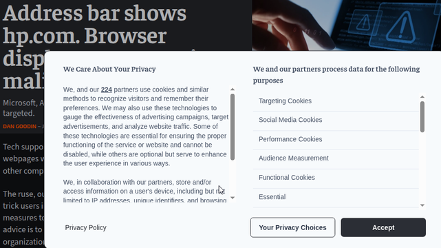 Cookie permission dialog from Ars Technica showing 224 companies interested in what I'm looking at right now so they (the 224) can try and scam their way into me making bad decisions that benefit them or sell that data to other companies for them to scam their way in.