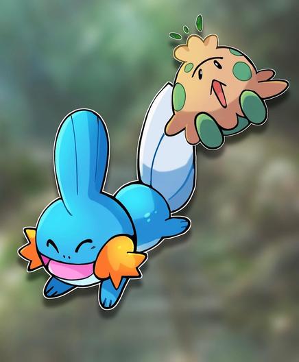 A cartoon-style image featuring two Pokémon: a blue Mudkip with orange fins and a short, round brown Shroomish with green spots, both displayed against a blurred background.