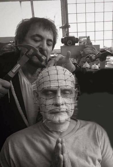 Special effects legend Tom Savini applying pins to #Pinhead