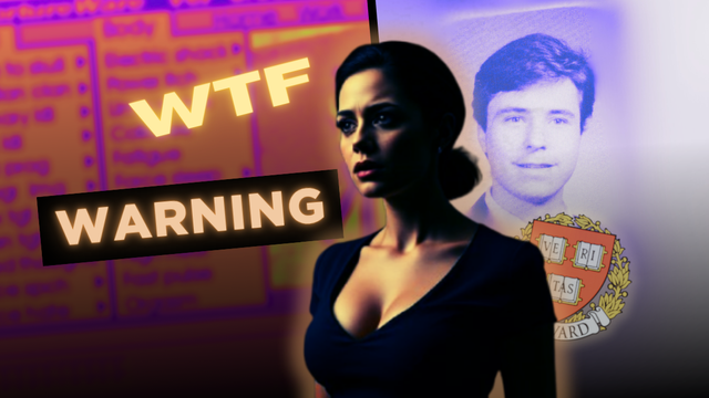 A concerned, voluptuous brunette woman stands in the foreground. Behind her: part of the "NWO Tortureware 6.66" image, a photo of Robert P. Duncan, and the Harvard University shield. The word “WARNING” glows over a black bar across the Tortureware image. To the left of the woman's head, “WTF" appears in glowing yellow text.
