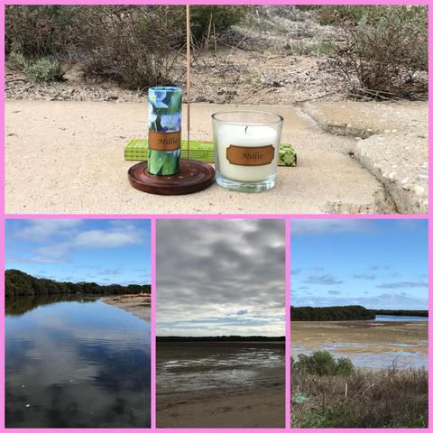 A four-part photo collage, a deep and sorrowful tribute to a beloved dog named Millie at her favourite place, Middle Beach. The top image is an intimate memorial: a lit candle and a burning stick of jasmine incense, her chosen farewell scent, their small flames and smoke rising into the cold air from the sand where her ashes were scattered. 


The three lower images capture the beach's stark, beautiful grief. Dark storm clouds amass in the distance, a powerful reflection of profound sorrow and the injustice of her loss. The tide is out, exposing a wide, vulnerable expanse of mudflats that echoes the vast emptiness she has left behind. It's a tribute on the shore she loved, now achingly silent and empty of the pelicans and seagulls she would have joyfully greeted and chased respectively. 


One photo shows the water at high tide, a painful memory of life's fullness and joy before the hardest goodbye. This is a memorial to a rescue dog, a cherished baby girl, taken by a cruel murder, never to be forgotten
