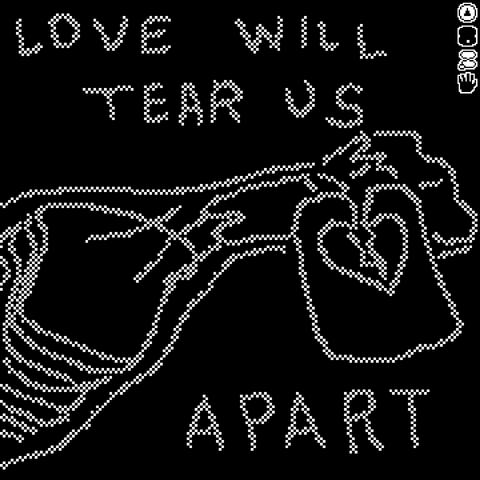 a pixelly drawing of a bread bag being shredded by the removal of a tag clip (occlupanid) with a heart shaped hole. the caption reads ’love will tear us apart’