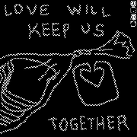 a pixelly drawing of a bread bag twisted closed with a tag clip (occlupanid) with a heart shaped hole ready and waiting. the caption reads ’love will keep us together’