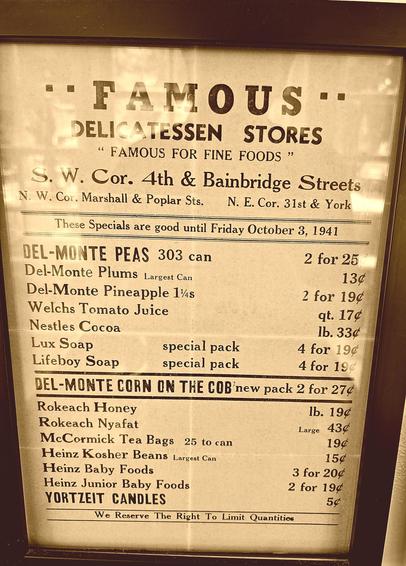 the Oct 3 1941 menu (in part) from the Famous Deli, Philadelphia
