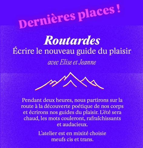 Sur fond violet avec des montagnes : Routardes, écrire le nouveau guide du plaisir avec Élise et Jeanne
