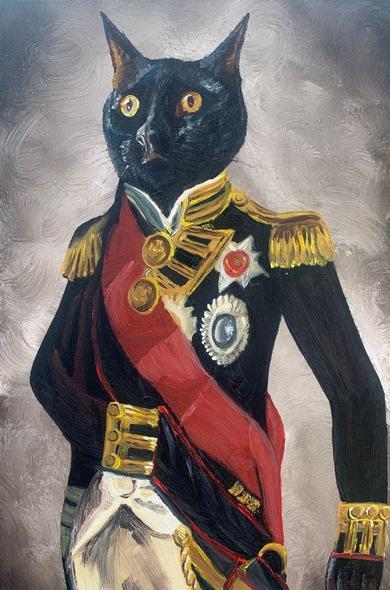 The head and right hand/paw are those of cat Nelson, whereas the body and uniform are those of Sir Horatio Nelson as depicted in “Rear-Admiral Sir Horatio Nelson, 1758-1805, 1st Viscount Nelson”. The original painting has been attributed to Matthew Shepperson; after John Hoppner.