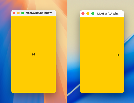 Screenshots showing test app on macOS 15 and macOS 26 side by side. The macOS 15 app has text centered in the window. The macOS 26 app has text off to the right.