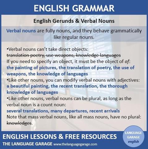 English grammar note about verbal nouns, image of an arrivals and departures screen at an airport