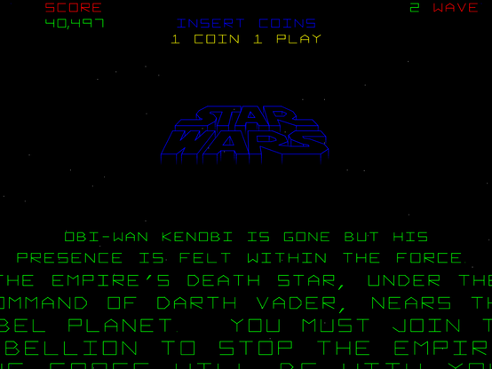 The game's opening crawl. It has the Star Wars logo (in blue) and text (in green) starting with "Obi-Wan Kenobi is gone but his presence is felt within the force [...]".