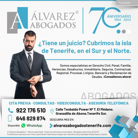 ¿Tiene un juicio? Cuente con nosotros siempre que lo necesite. Cubrimos la isla de Tenerife, en el Sur y el Norte. Somos especialistas en Derecho Civil, Penal, Familia, Herencias, Desahucios, Inmobiliario, Seguros, Contractual, Registral, Procesal, Litigios, Bancario y Reclamación de Deudas. ¡Consúltenos ahora! https://alvarezabogadostenerife.com   #alvarezabogados #abogadostenerife #tenerifelegal #derechotenerife #abogados #tenerife #justicia #juzgados #juicio