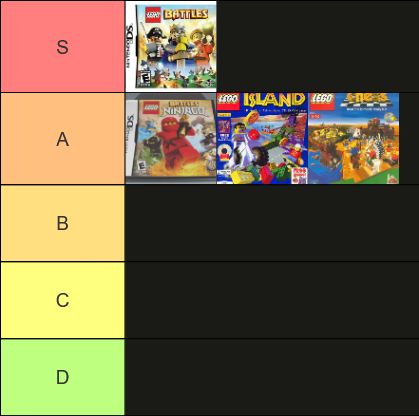 Tier list
S tier - Lego Battles
A tier - Lego Battles Ninjago, Lego Island, Lego Chess, Lego EVIL
