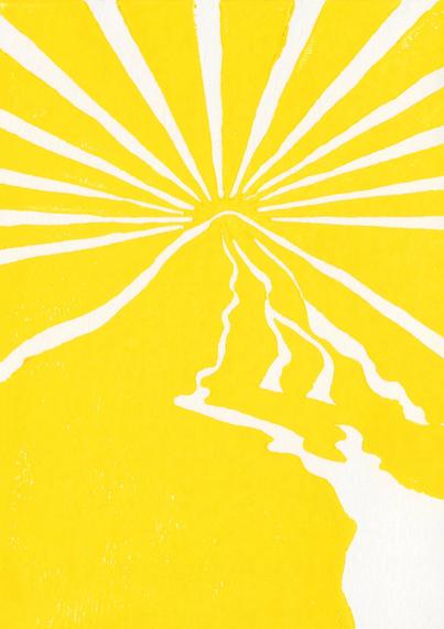 Mount Vesuvius as it looked around 1780 in yellow on white paper. Lava flows down the slopes, rays radiate from the summit. Linocut illustration made by Stefan Romero Grieser for the back of Megan Marie Hart’s good luck toi-toi-toi cards for the premiere of Daniel Auber’s grand opéra « La Muette de Portici » at Staatstheater Darmstadt on April 26, 2025. © Stefan Romero Grieser @operaimmagine