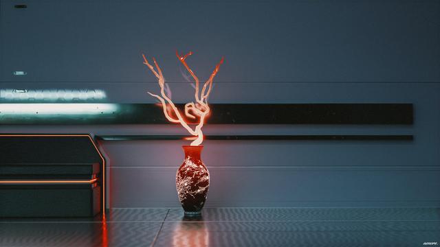 a red vase with a twisty illuminated red fake plant coming out of it