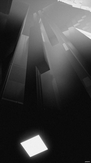 ominous black columns hanging from the ceiling of a building. one of them reaches the bottom of the picture and carries a light at its end