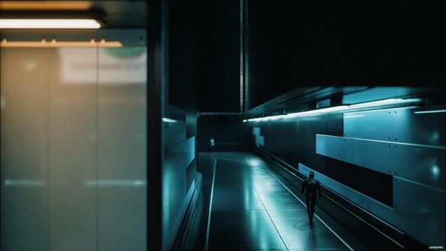 a coldly lit corridor in Arasaka Tower