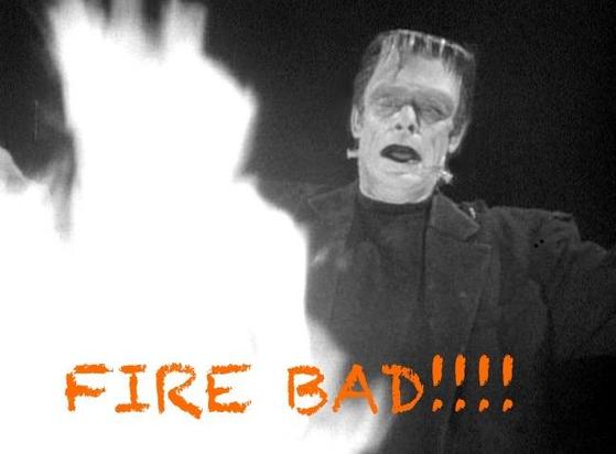 Grayscale image from the movie “Frankenstein“ showing Frankenstein‘s monster recoiling from a large surge of fire.
Caption: FIRE BAD!!!!